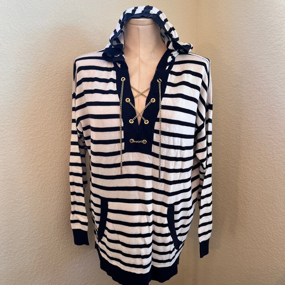 Michael Kors blue white stripe gold chain hoodie sweater old money womens Medium